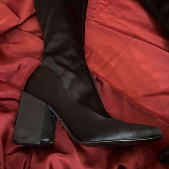 Marc Fisher tall over the knee gothic black satin heeled boots - Picture 4 of 6